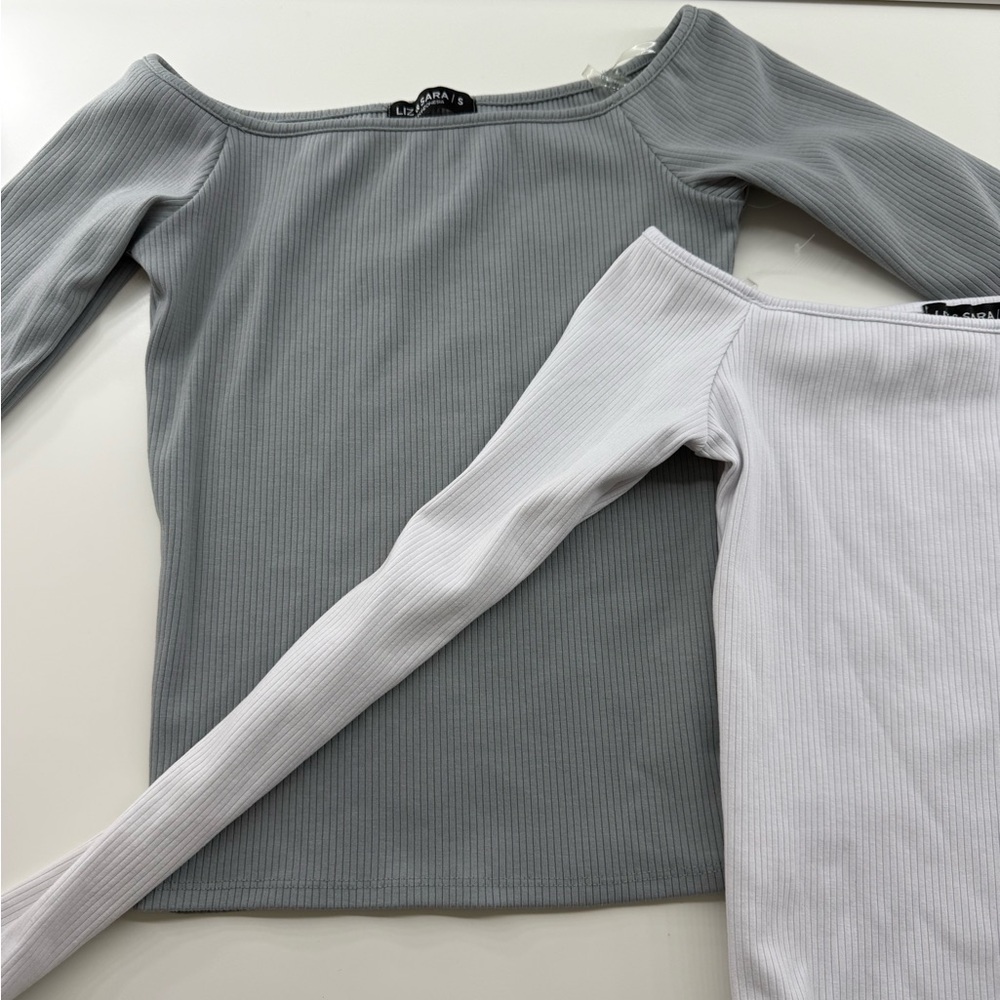 Ribbed Off-Shoulder Tops in Gray and White
